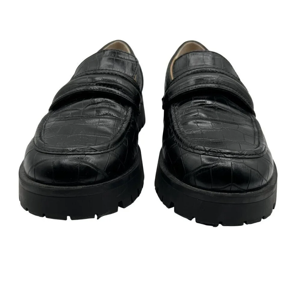 Nine West New Women 8.5 Black Croc-Embossed Chunky Lug Sole Slip On Loafers Y2K